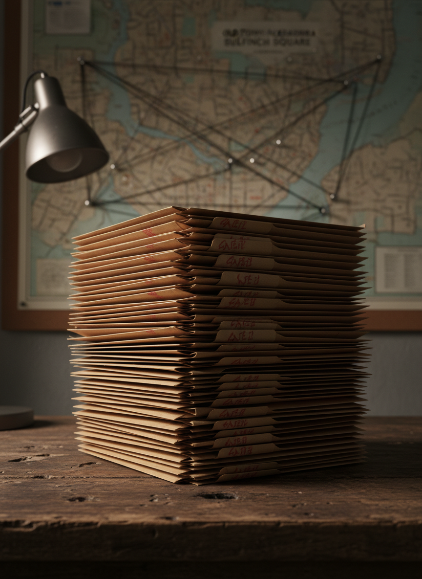 A stack of meticulously organized brown paper evidence folders, each stamped with red “CONFIDENTIAL” markings rendered as abstract symbols rather than readable text, lies on a scarred wooden table in a dim, windowless office. A detailed map of Old Town Alexandria and Bulfinch Square, pinpricked with dark threads and metal tacks, fills the blurred background. A single desk lamp with a narrow metal shade casts harsh, directional light, carving deep shadows between the folders and highlighting frayed edges and creased corners. Photographic realism, shot from a slightly elevated angle with a shallow depth of field, creating an investigative, tense atmosphere that suggests hidden corruption without showing any people or readable names.